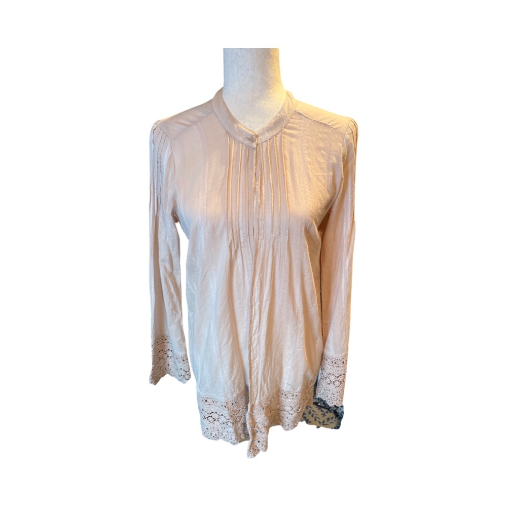 Element pink cotton top long sleeve open front lace hem and wrists Boho